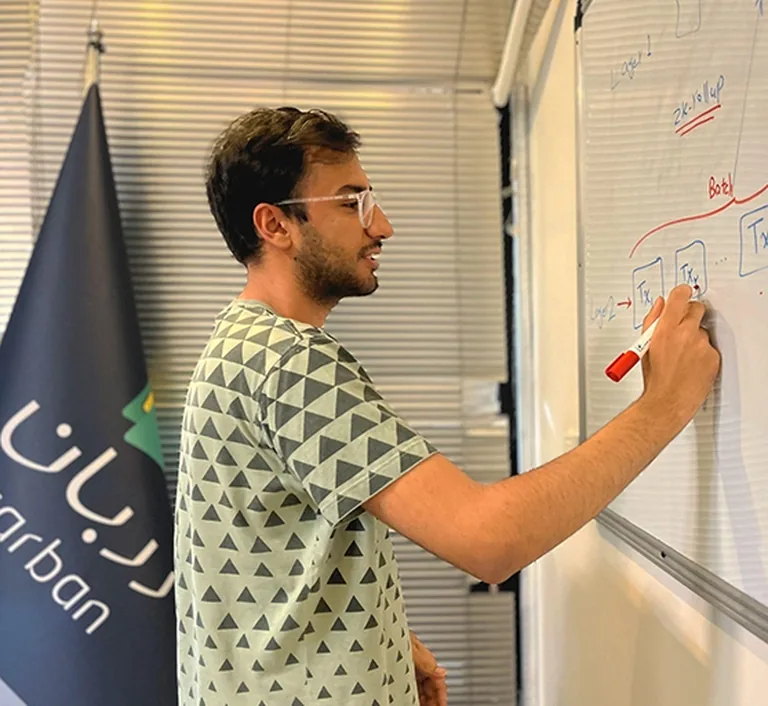 A member of the Zarban team working at a whiteboard in the Tehran office
